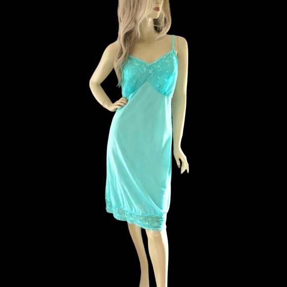 Vintage 70s Hand‎ Dyed Turquoise Embroidered Slip Dress MermaidcoreXL